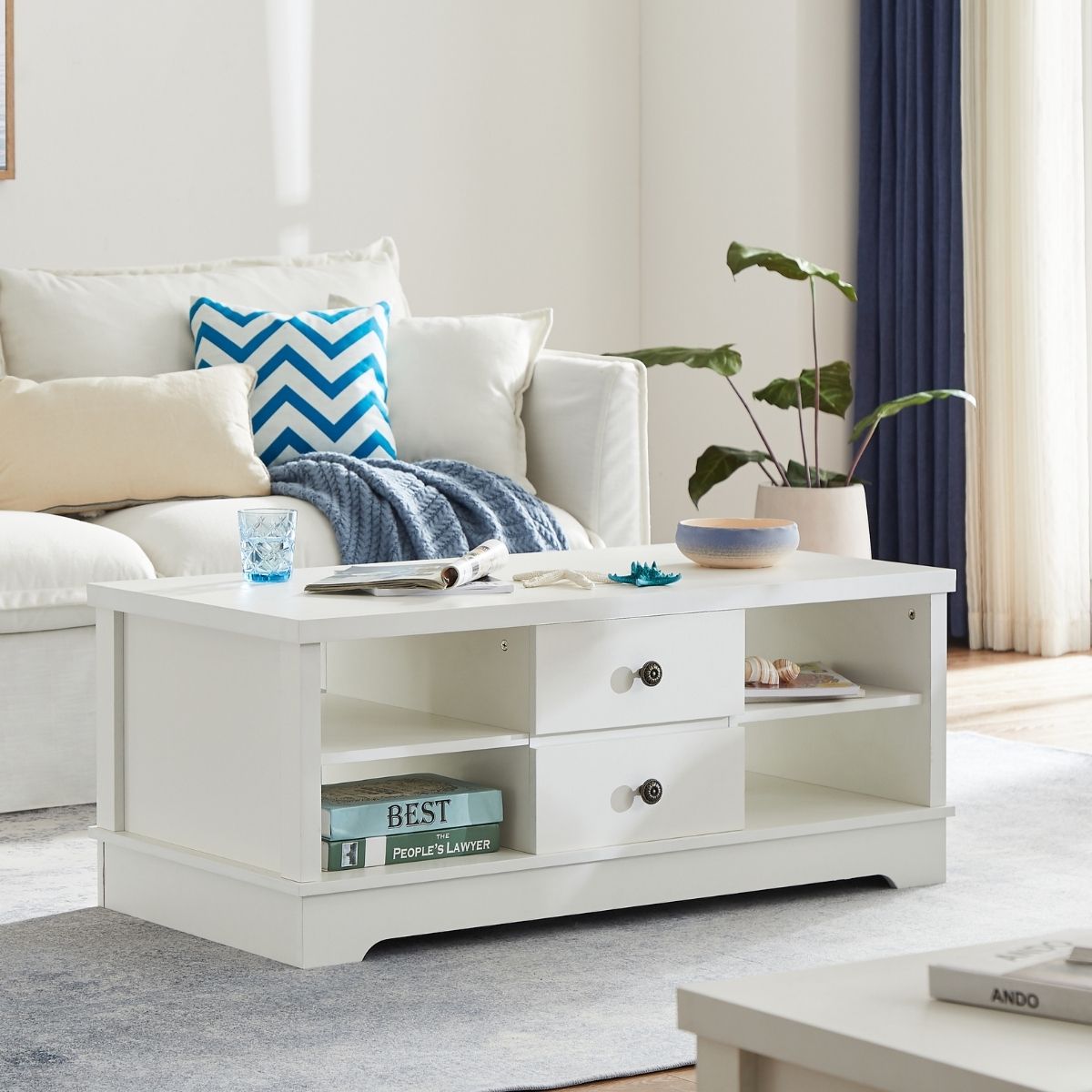 Margaux White Coastal Style Coffee Table with Drawers - Cosy Abode