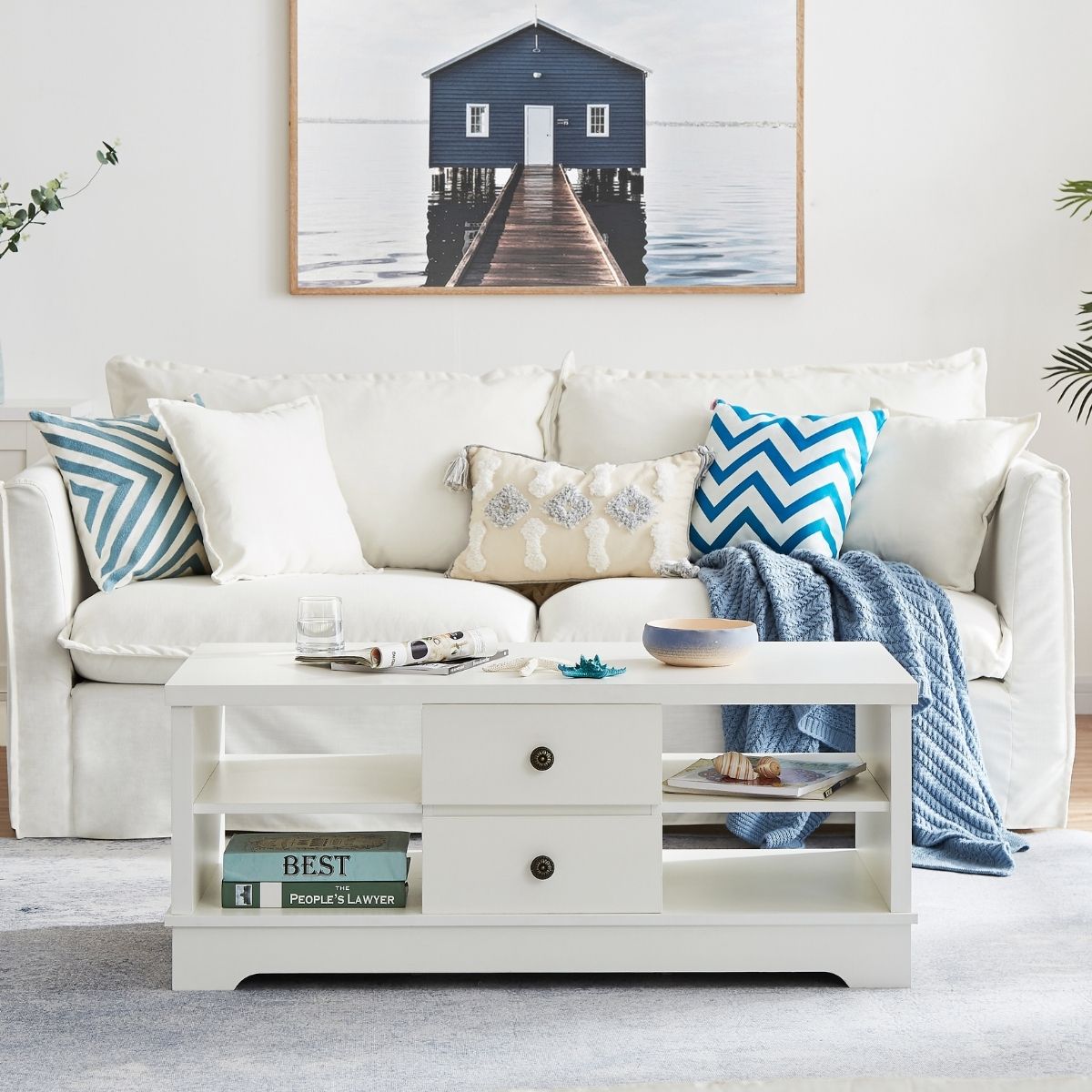 Margaux White Coastal Style Coffee Table with Drawers - Cosy Abode