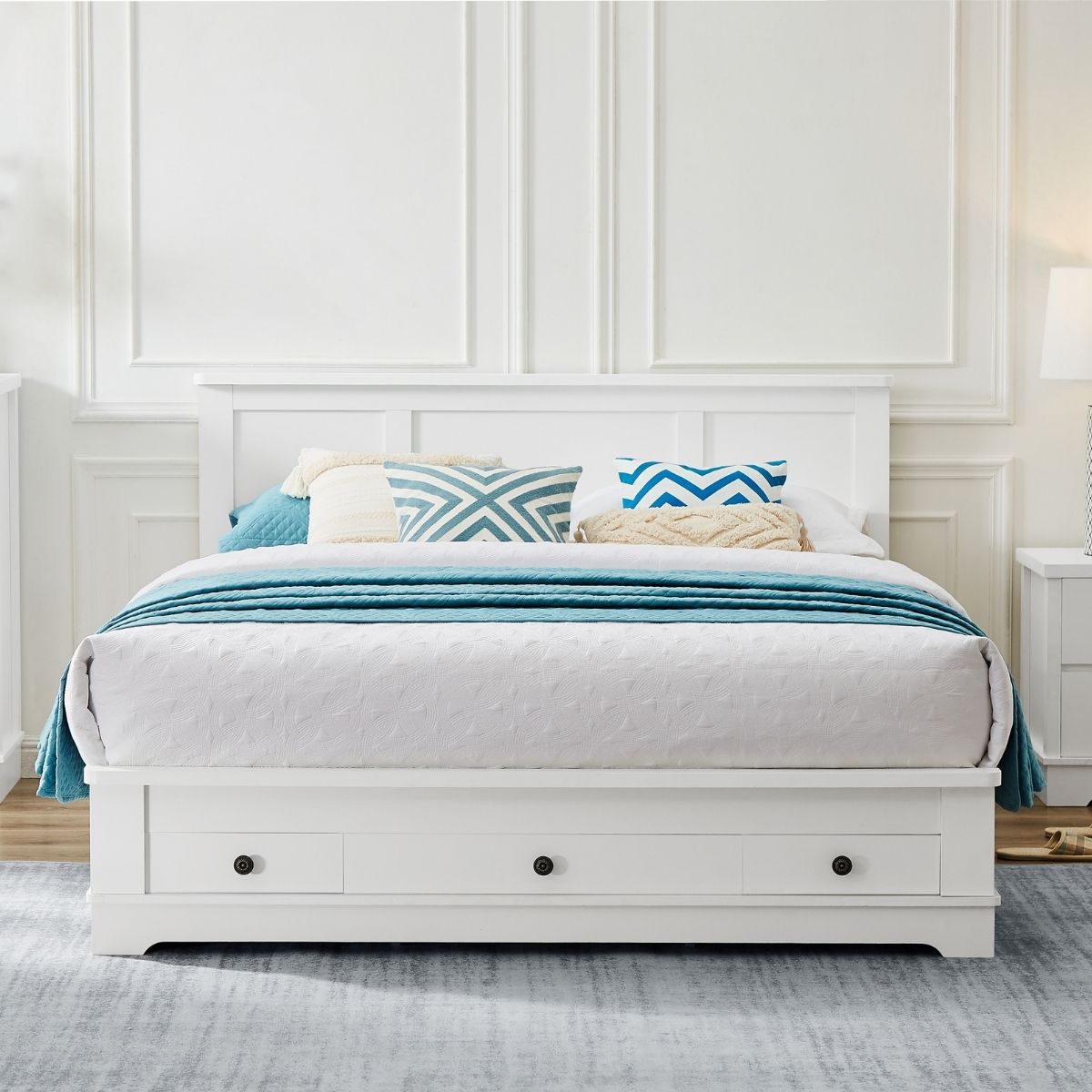 Margaux White Coastal Lifestyle Bedframe with Storage Drawers Queen - Cosy Abode