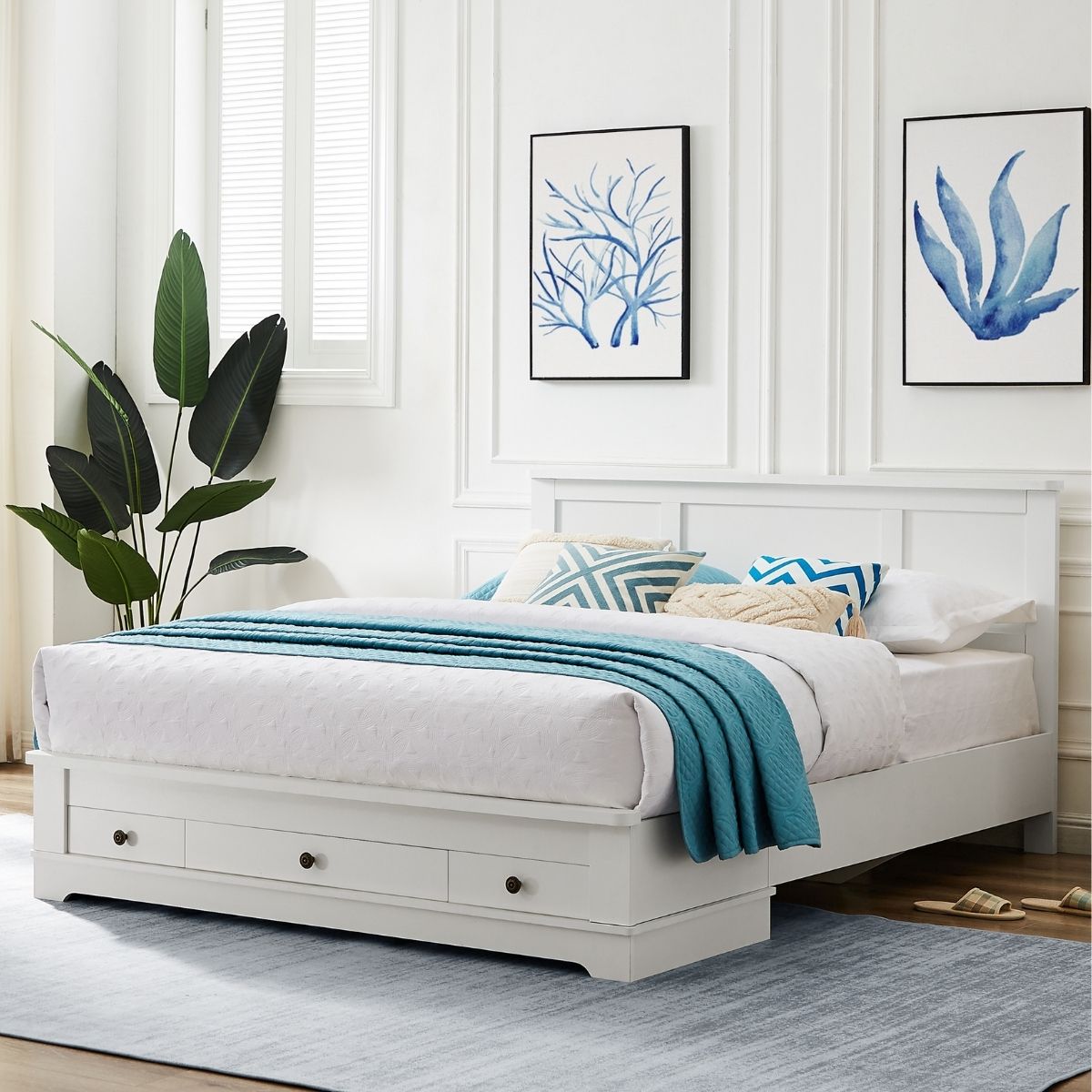 Margaux White Coastal Lifestyle Bedframe with Storage Drawers Queen - Cosy Abode