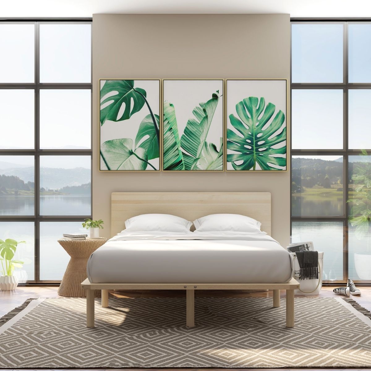 Natural Solid Wood Bed Frame Bed Base with Headboard Double - Cosy Abode