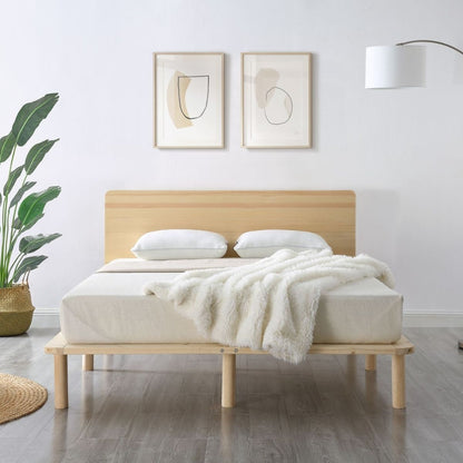 Natural Solid Wood Bed Frame Bed Base with Headboard King - Cosy Abode