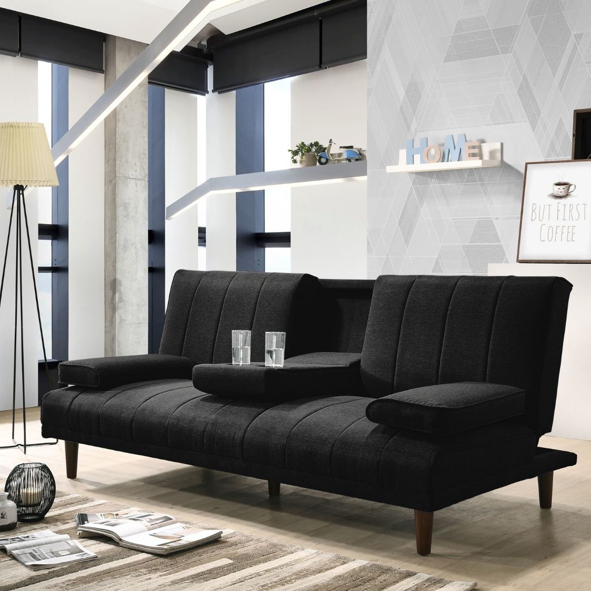 Fabric Sofa Bed with Cup Holder 3 Seater Lounge Couch - Charcoal - Cosy Abode