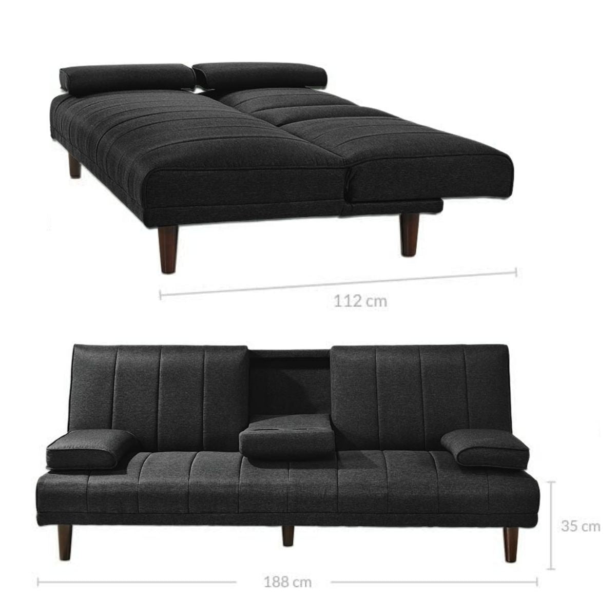 Fabric Sofa Bed with Cup Holder 3 Seater Lounge Couch - Charcoal - Cosy Abode