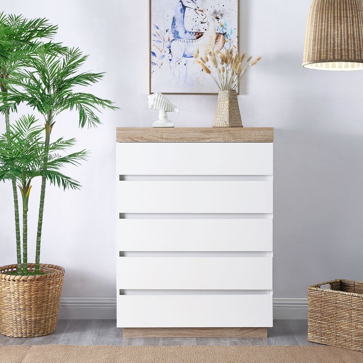 Ashley Coastal White Wooden Chest of 5 Drawers Tallboy - Cosy Abode