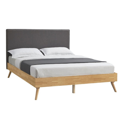 Natural Oak Ensemble Bed Frame Wooden Slat Fabric Headboard Double - Cosy Abode