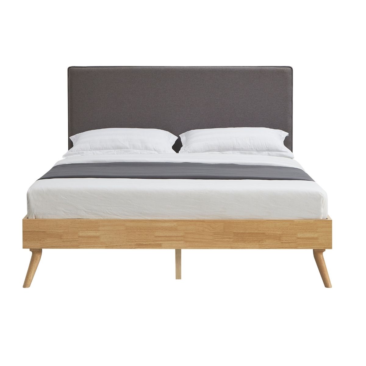 Natural Oak Ensemble Bed Frame Wooden Slat Fabric Headboard Queen - Cosy Abode