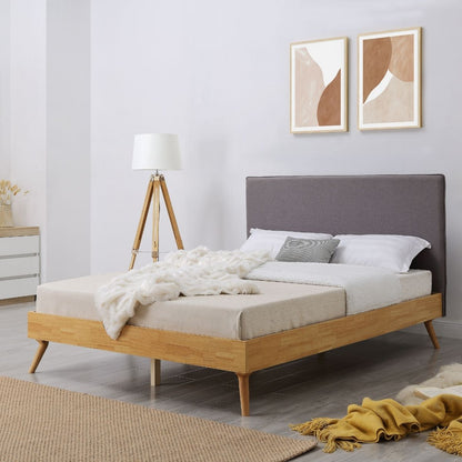 Natural Oak Ensemble Bed Frame Wooden Slat Fabric Headboard Queen - Cosy Abode