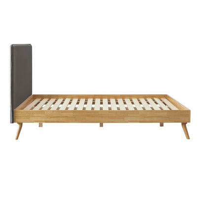 Natural Oak Ensemble Bed Frame Wooden Slat Fabric Headboard Queen - Cosy Abode
