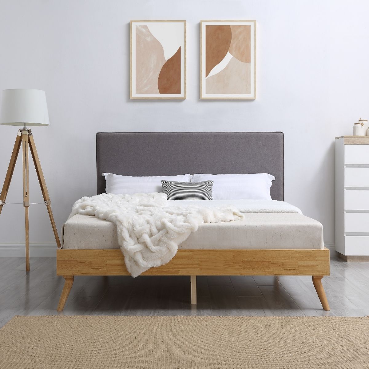 Natural Oak Ensemble Bed Frame Wooden Slat Fabric Headboard King - Cosy Abode