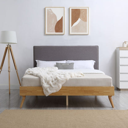 Natural Oak Ensemble Bed Frame Wooden Slat Fabric Headboard King - Cosy Abode