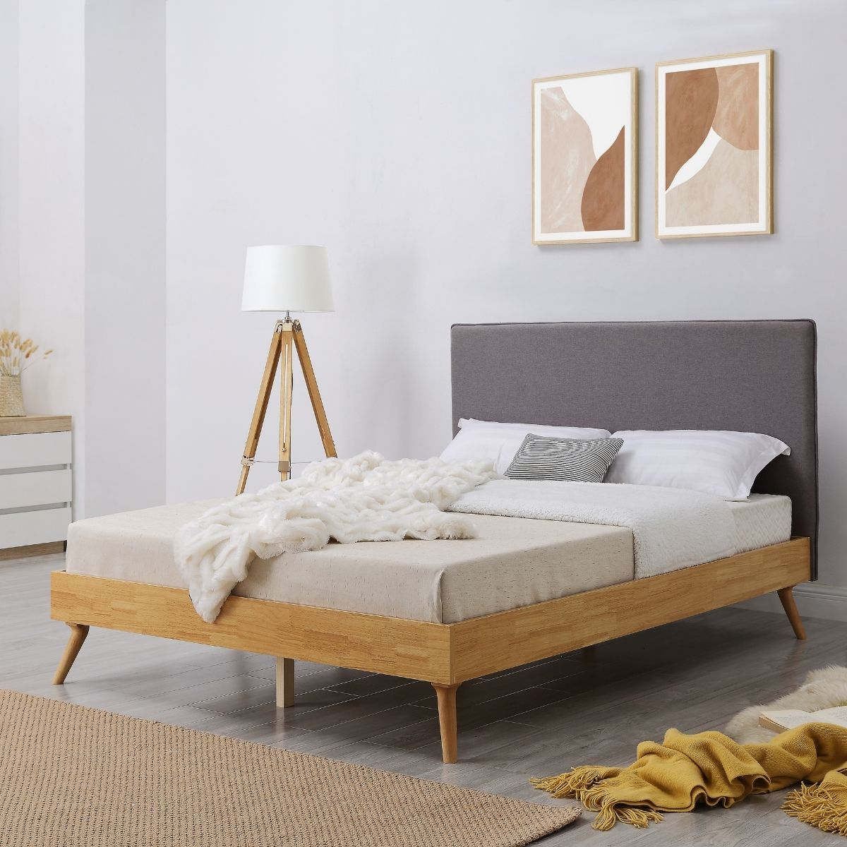 Natural Oak Ensemble Bed Frame Wooden Slat Fabric Headboard King - Cosy Abode