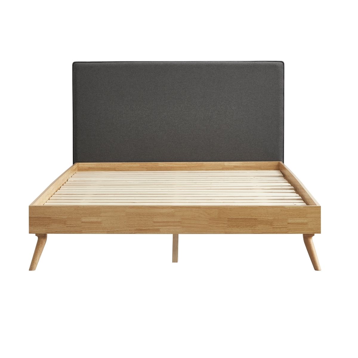 Natural Oak Ensemble Bed Frame Wooden Slat Fabric Headboard King - Cosy Abode