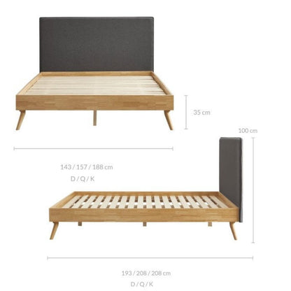 Natural Oak Ensemble Bed Frame Wooden Slat Fabric Headboard King - Cosy Abode