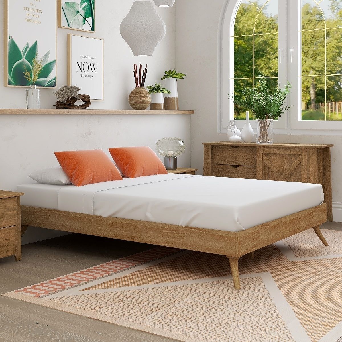 Natural Oak Ensemble Bed Frame Wooden Slat Queen - Cosy Abode