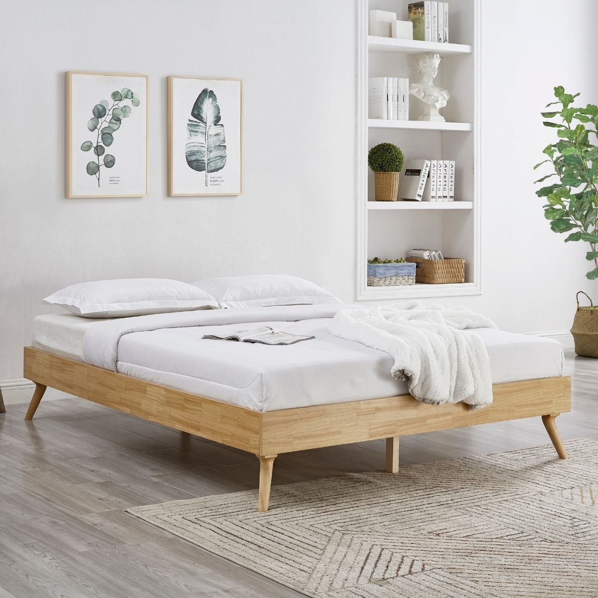 Natural Oak Ensemble Bed Frame Wooden Slat Queen - Cosy Abode