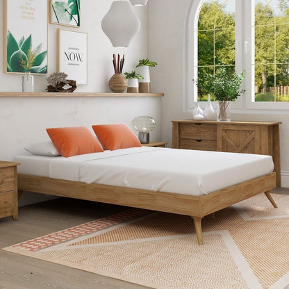 Natural Oak Ensemble Bed Frame Wooden Slat King - Cosy Abode