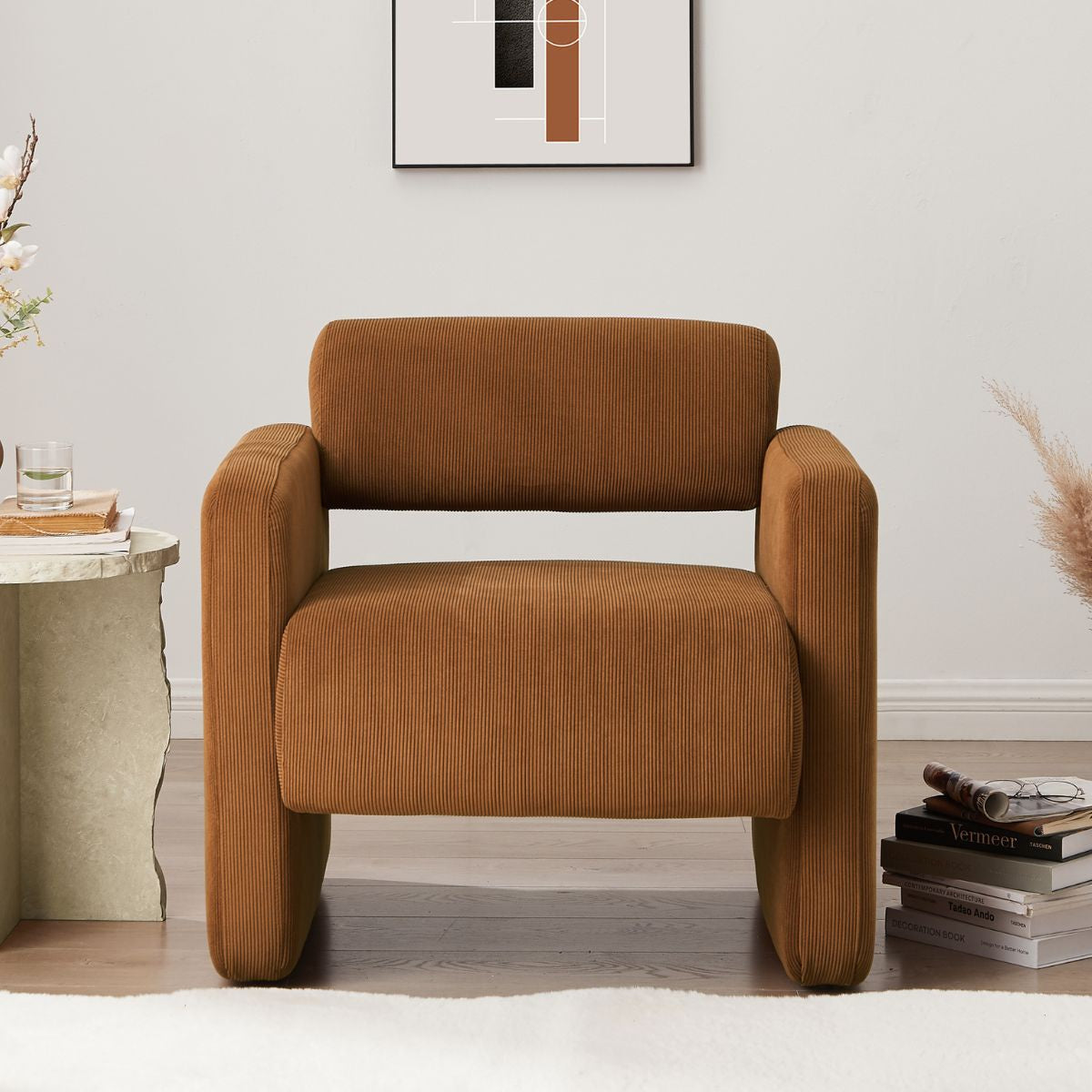 Lilah Modern Boucle Fabric Armchair - Burnt Orange - Cosy Abode