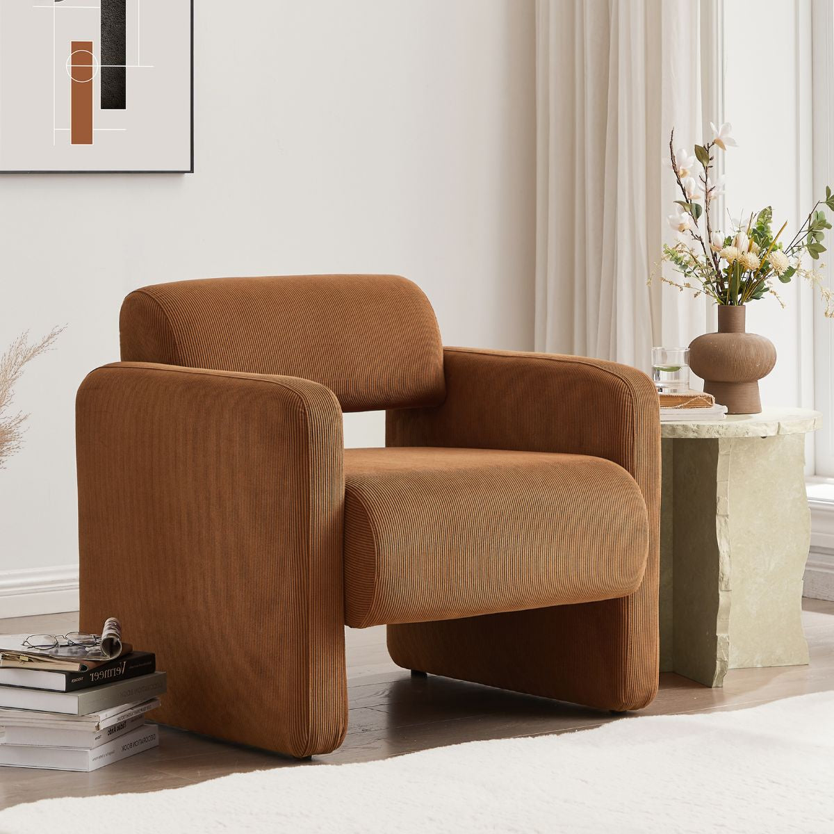 Lilah Modern Boucle Fabric Armchair - Burnt Orange - Cosy Abode