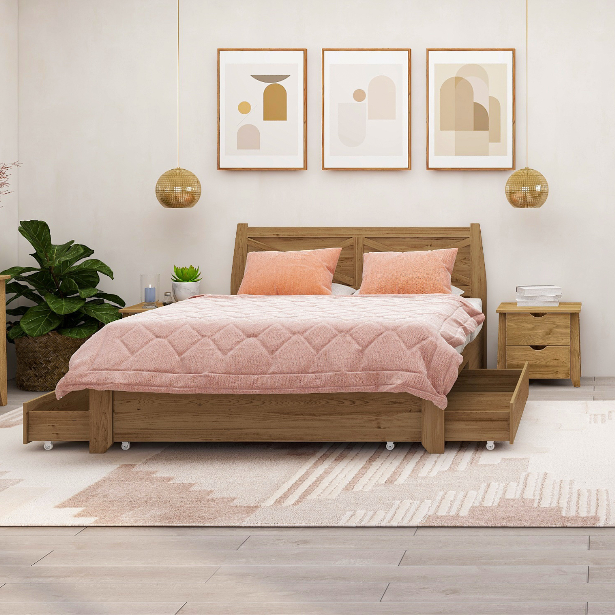 Mica Natural Wooden Bed Frame with Storage Drawers Double - Cosy Abode