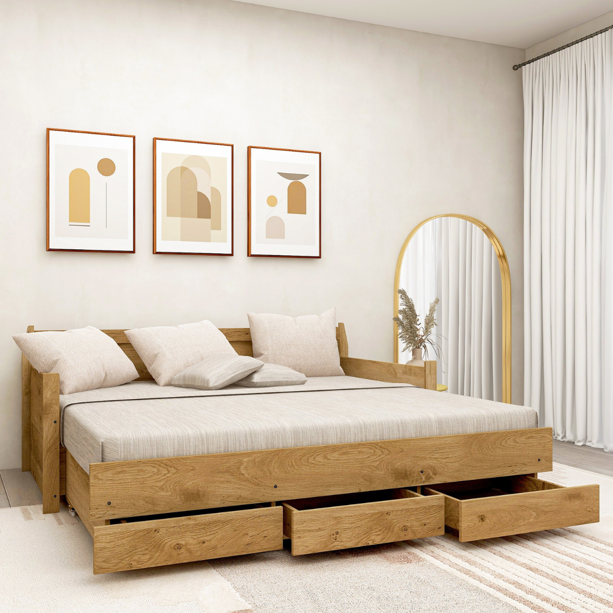 Mica Natural Wooden Day Bed with 3 Drawers Sofa Bed Frame - Cosy Abode