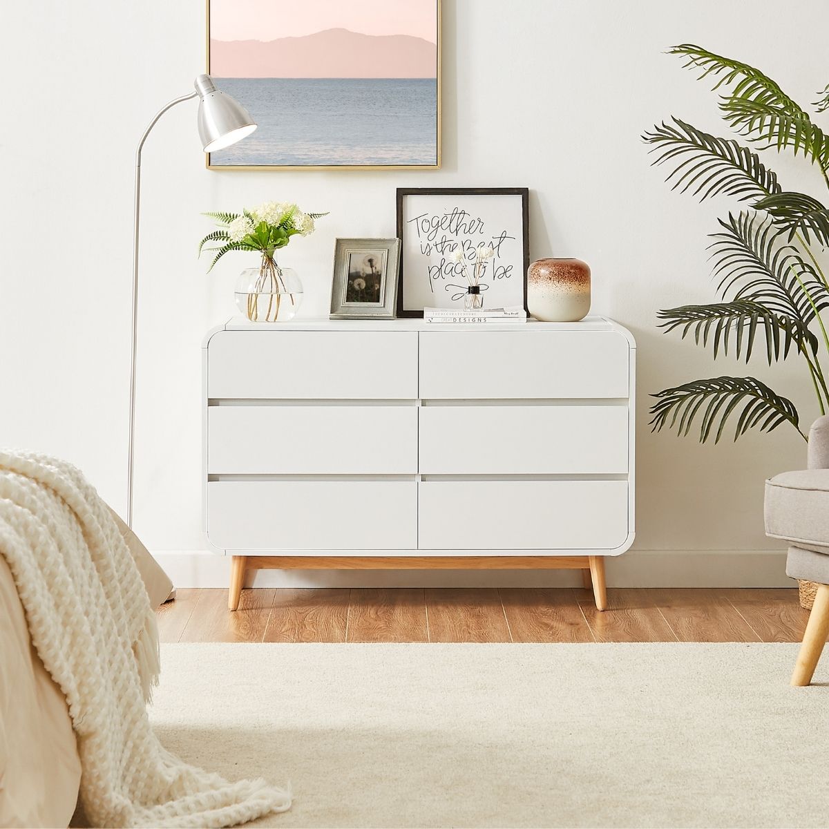 Merlin White Modern Retro Chest of Drawers Cabinet White and Oak - Cosy Abode