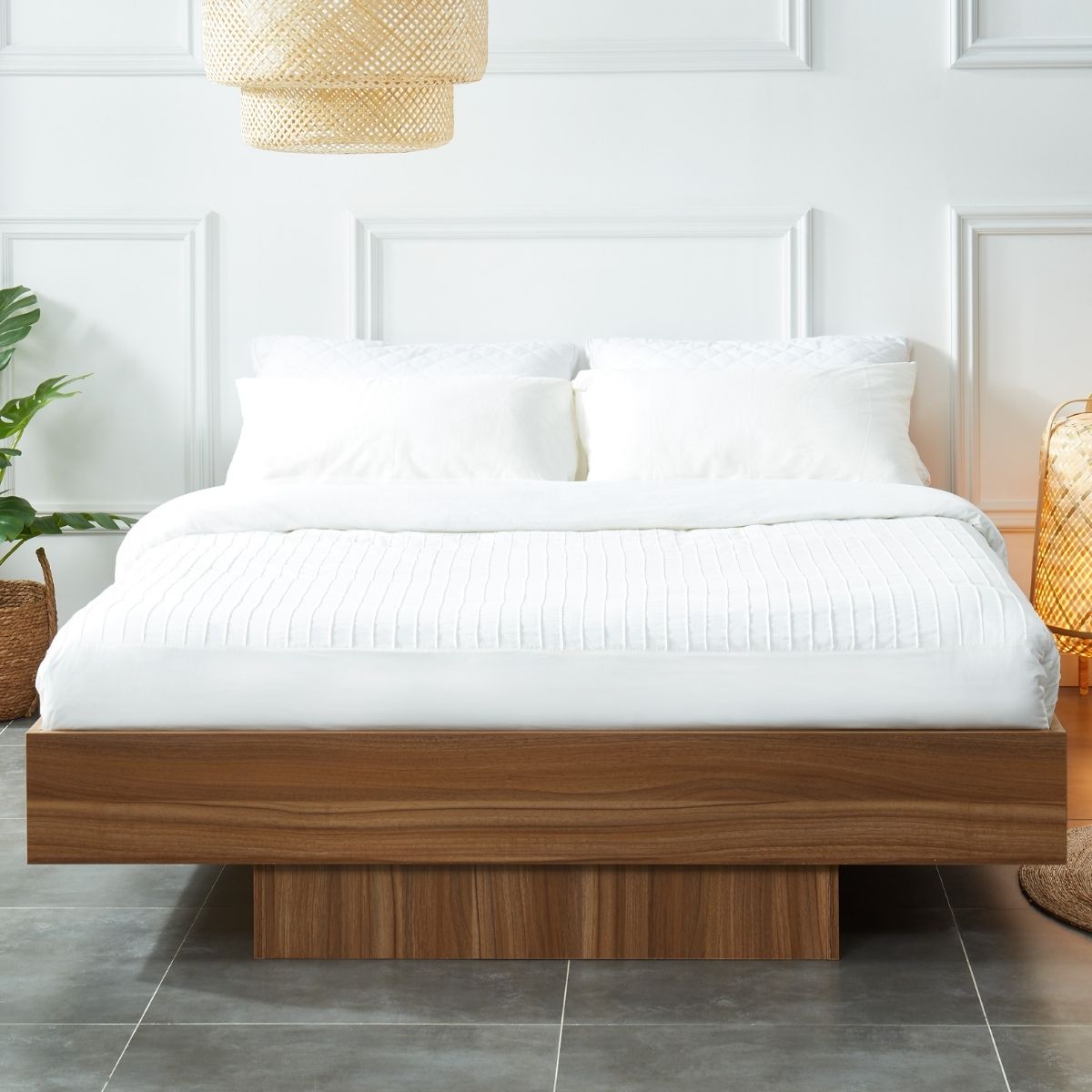 Walnut Oak Wood Floating Bed Base Double - Cosy Abode