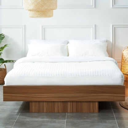 Walnut Oak Wood Floating Bed Base Double - Cosy Abode