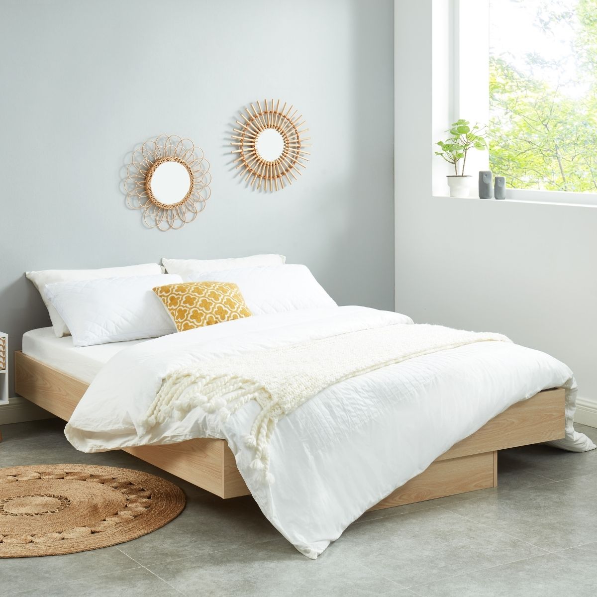 Natural Oak Wood Floating Bed Base Double - Cosy Abode
