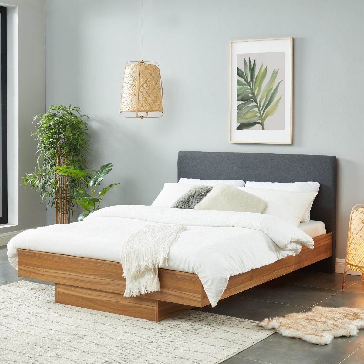 Walnut Oak Wood Floating Bed Frame Queen - Cosy Abode