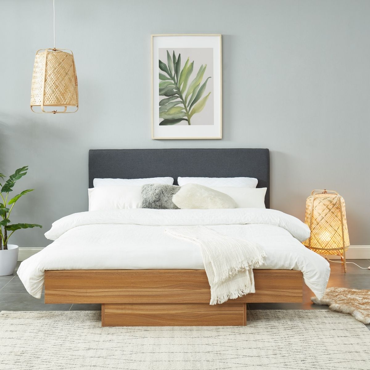 Walnut Oak Wood Floating Bed Frame King - Cosy Abode