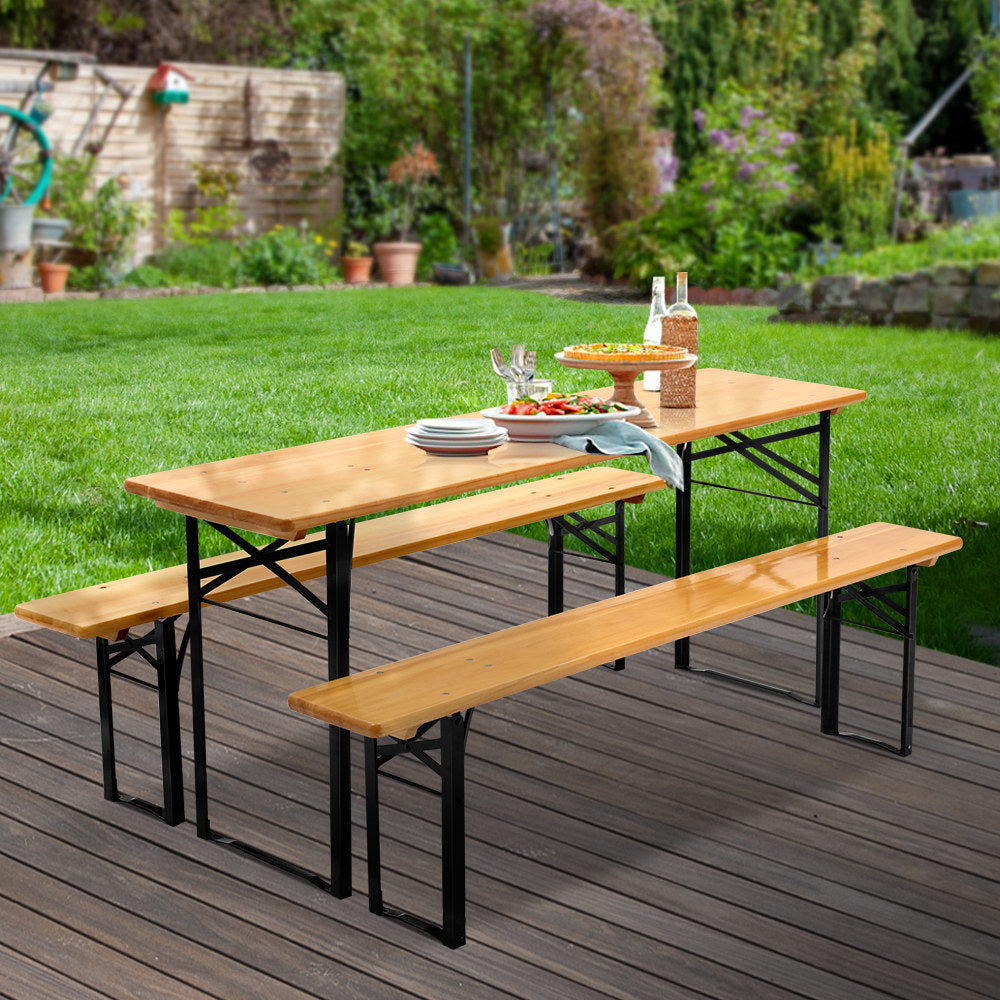 Gardeon Wooden Outdoor Foldable Bench Set - Natural - Cosy Abode